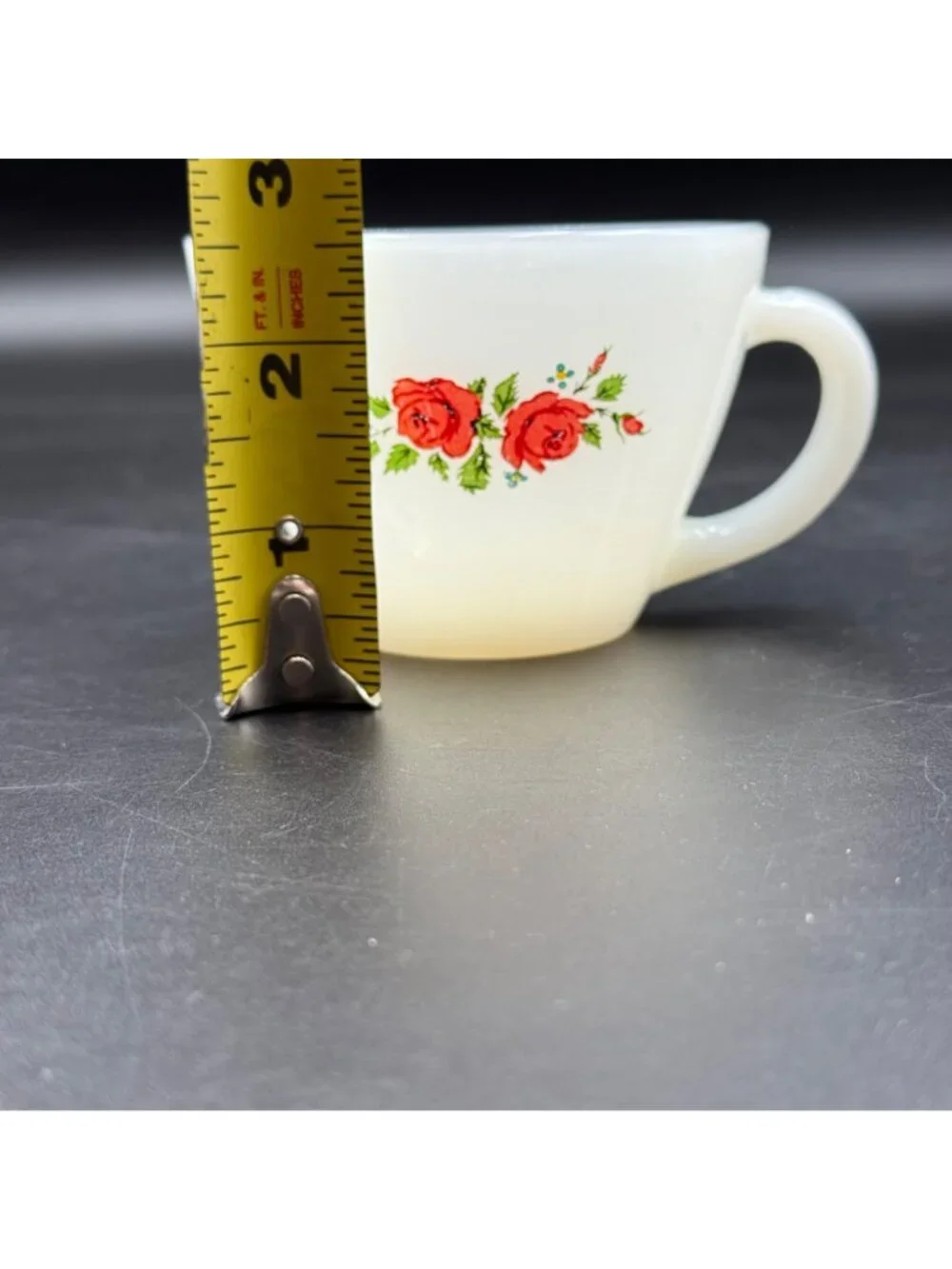Anchor Hocking Fire-King Milk Glass Teacups W/ Red Rose Pattern Set Of 4 Vintage